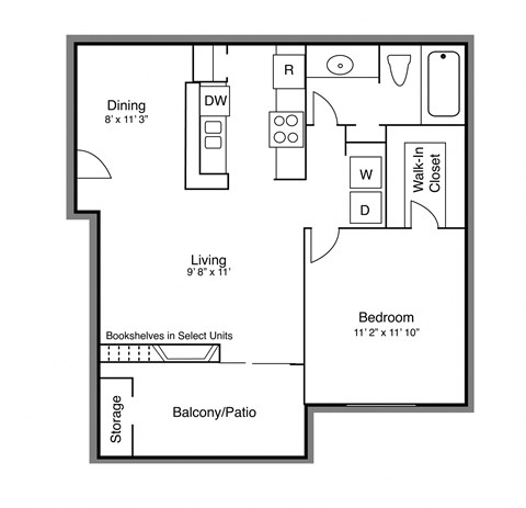 Floor plan for 1 bed, 1 bath, 653 sqft